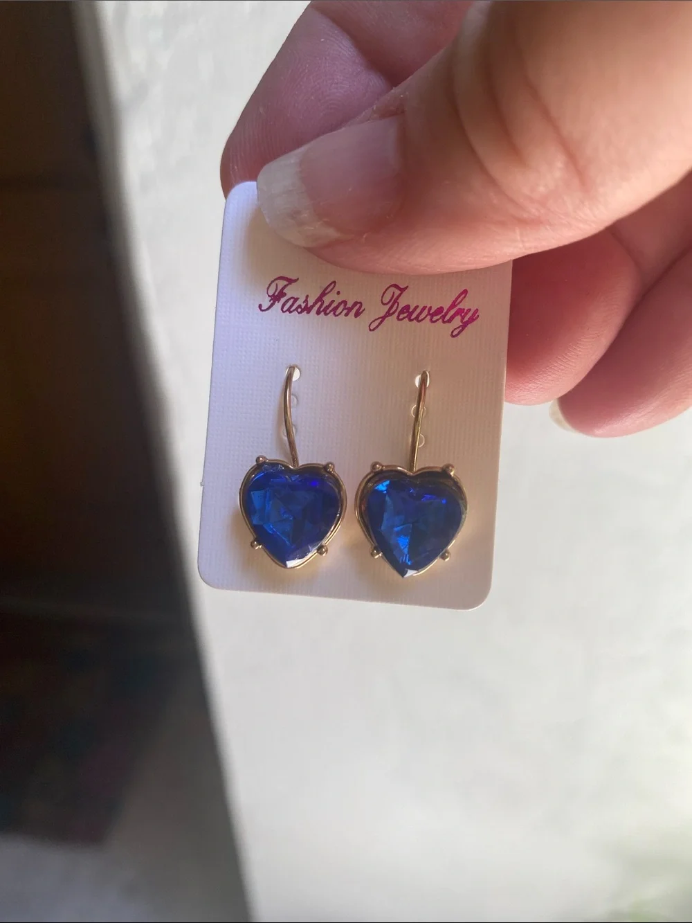 Fashion Jewelry Royal Blue Heart Dangle Earrings - Gold Tone